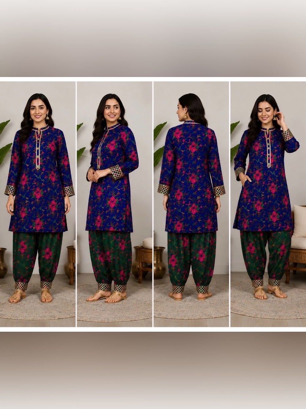 Navy & Green Floral Kurta Set - Women Capris